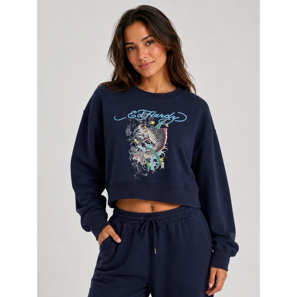 Ed Hardy Sweatshirt Womens XL Blue Fleece Pullover Cropped Top Graphic Logo